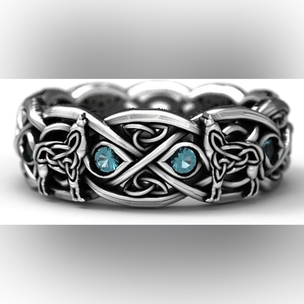 Amazon Koguxuix Fashion VTG Silver Celtic Wolf Topaz Stone Ring Wolf - Size 6